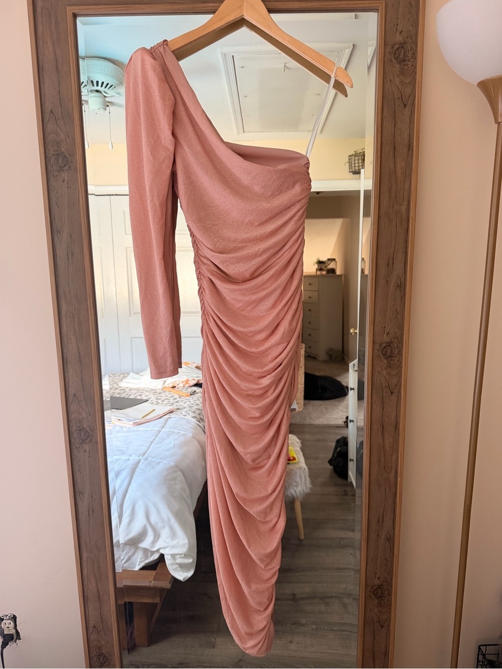 LPA Roksana One-Shoulder Ruched Metallic Pink Evening Dress - Picture 5 of 9